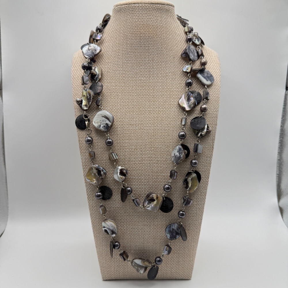 Shell Boho Beachy Iridescent Coastal Layered Long Necklace Gray OS
